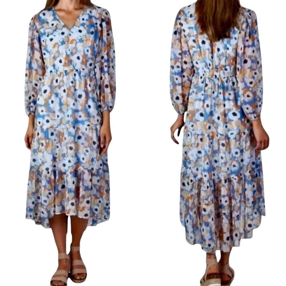 Joie Floral Field Chiffon Mod Maxi Dress Full Sleeve Cottage Fairy Romantic
